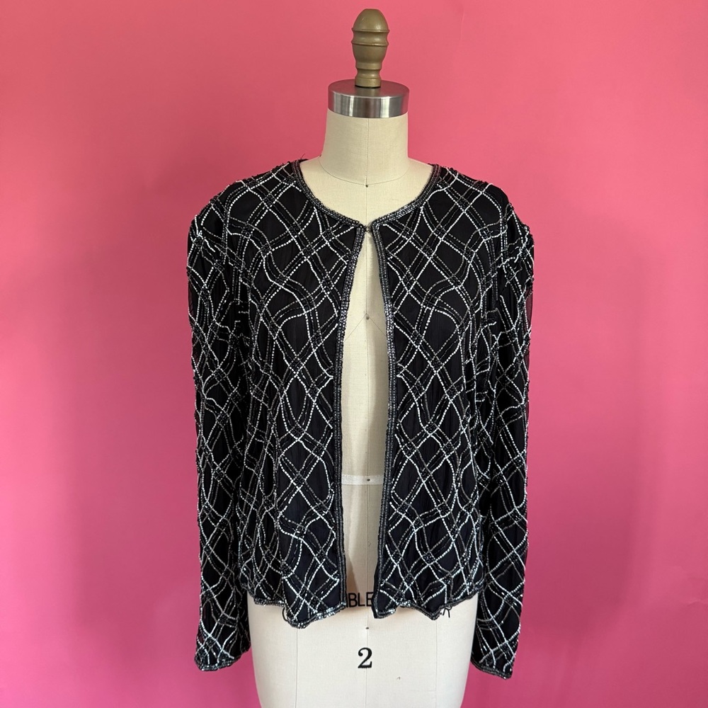 Vintage 80s/90s SILK Plaid Sequined Long Sleeve Statement Blouse L